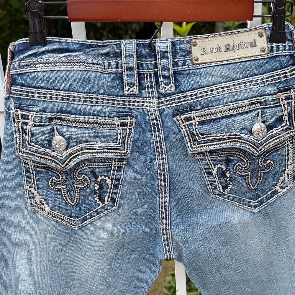 Rock Revival Jeans 30 Boot Cut Distressed Thick Stitch Low Rise Denim